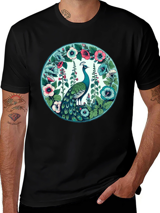 Peacock Floral Graphic Tee - Black Cotton T-Shirt