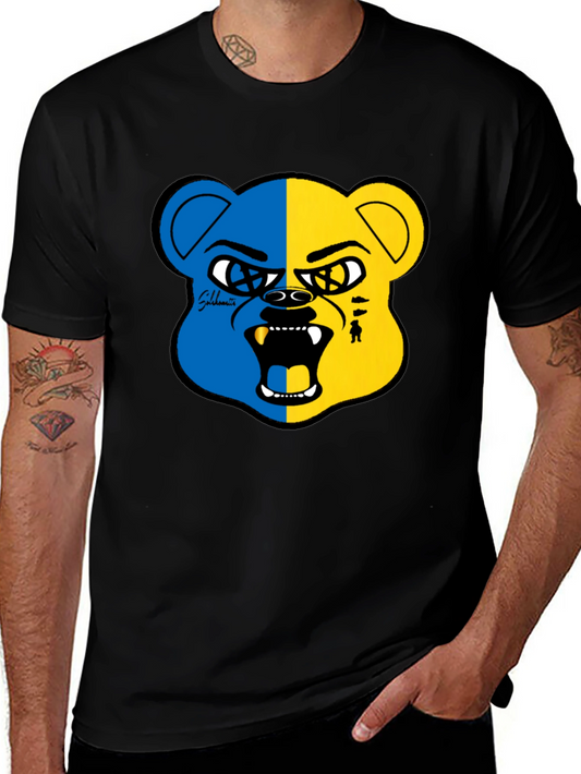 Blue and Yellow Bear Graphic Black T-Shirt