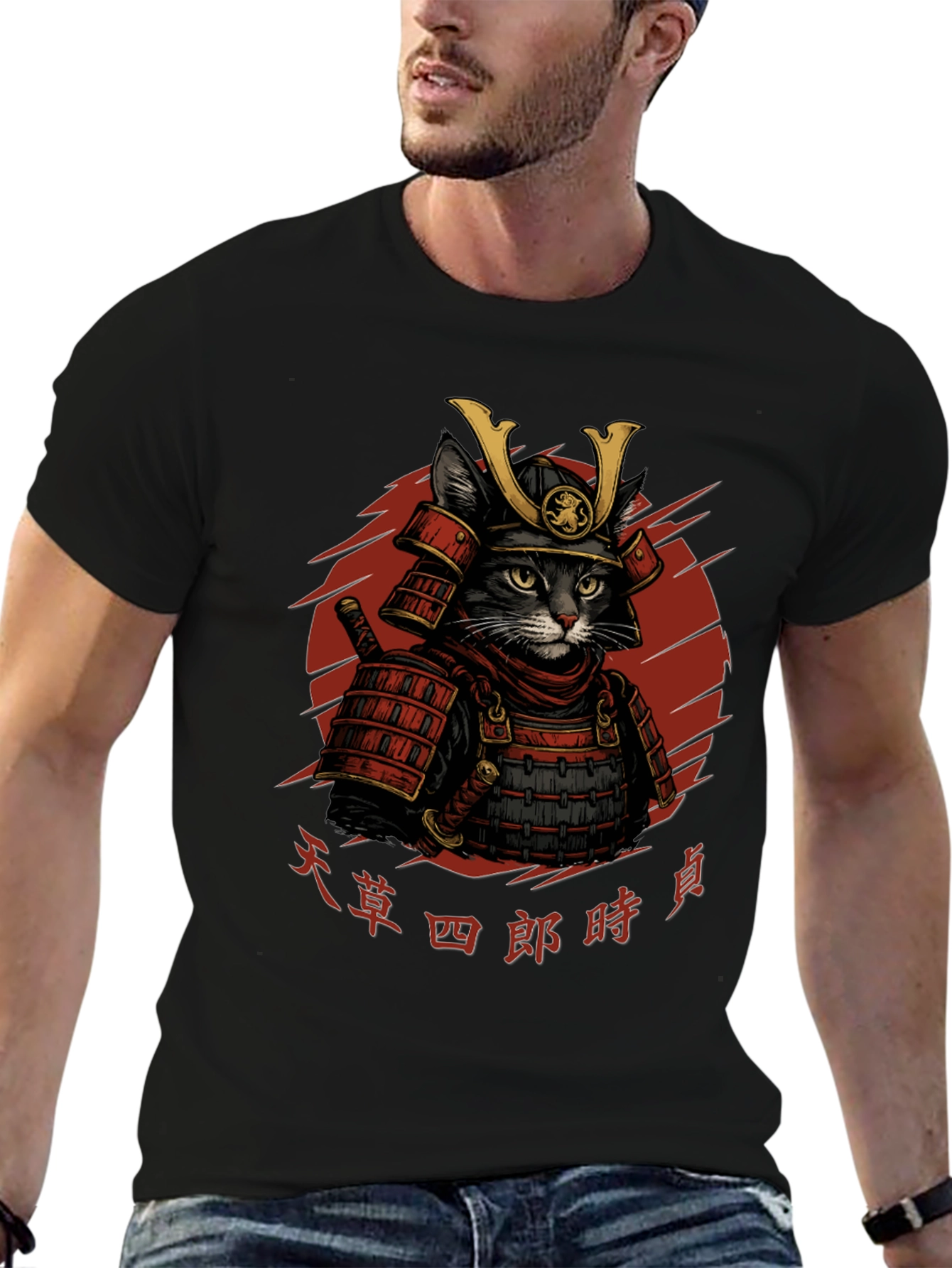 Samurai Cat Graphic T-Shirt - Black