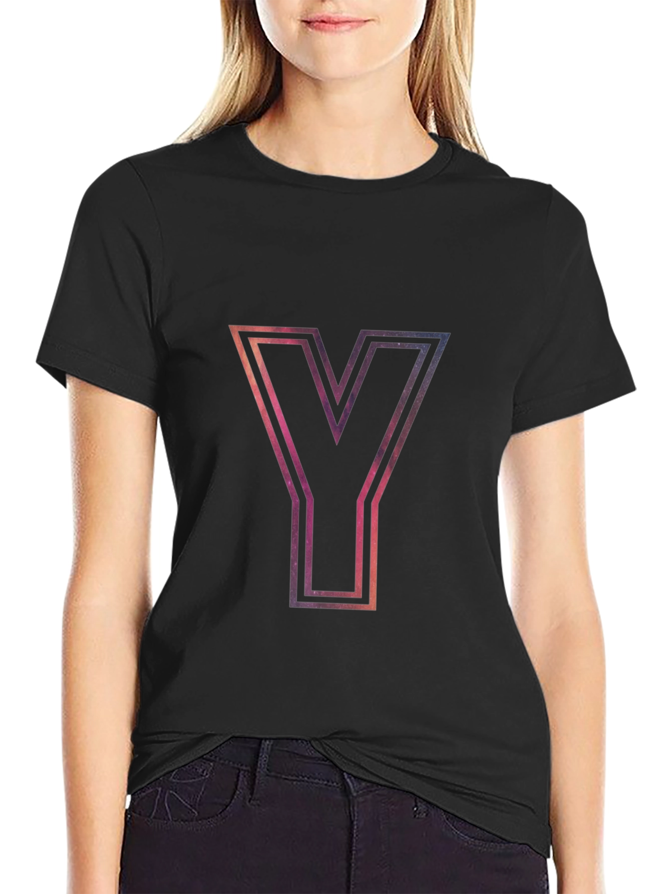 Galaxy Letter Y Graphic Tee - Stylish Black T-Shirt