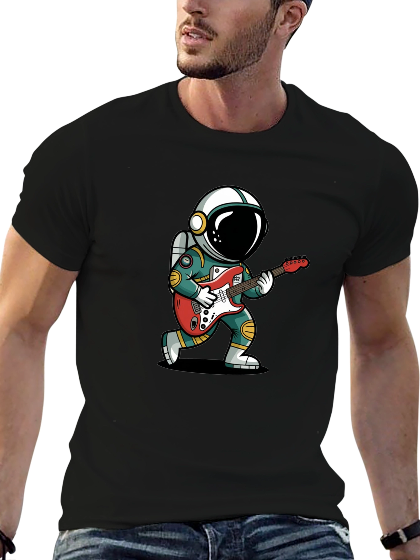 Astronaut Guitarist Graphic Tee - Black Cotton T-Shirt