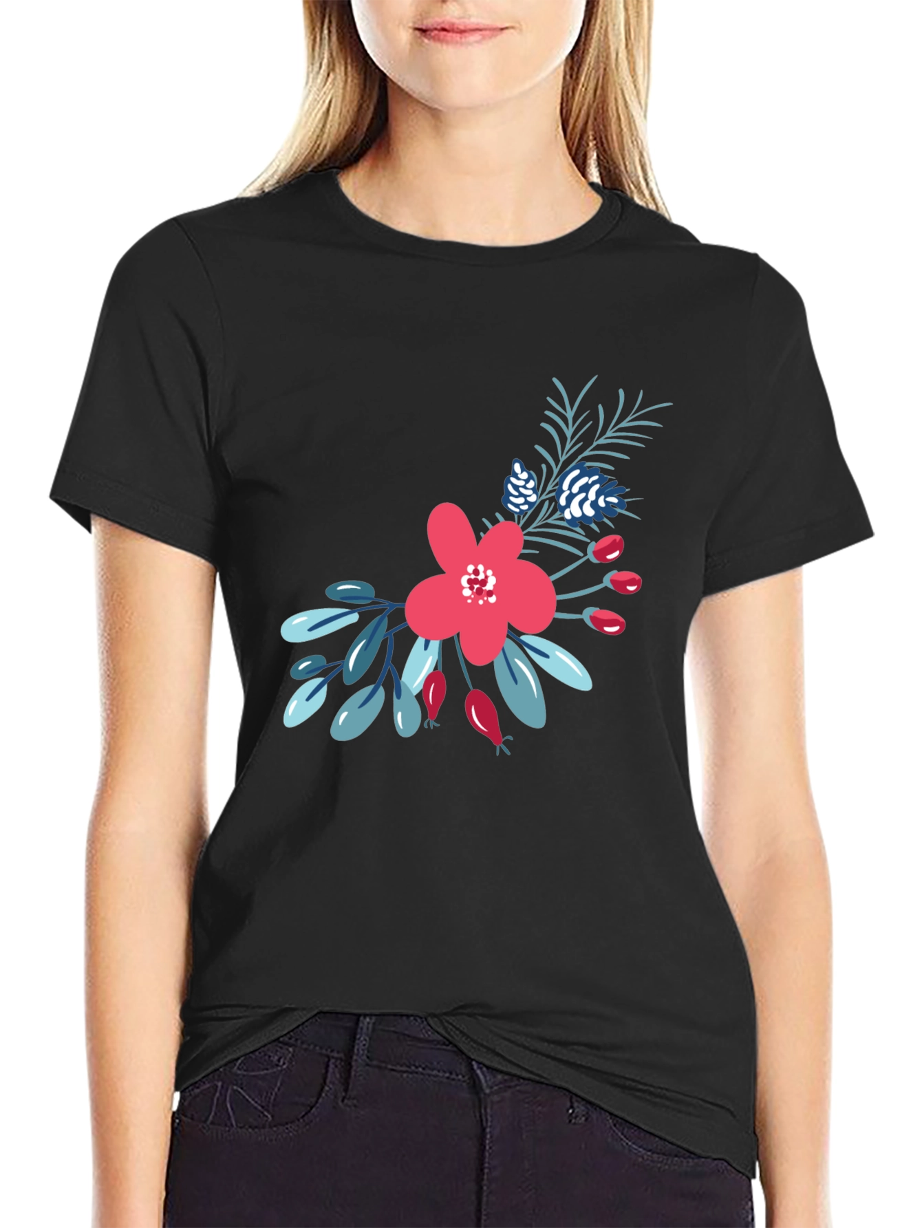 Floral Graphic Print Tee - Black