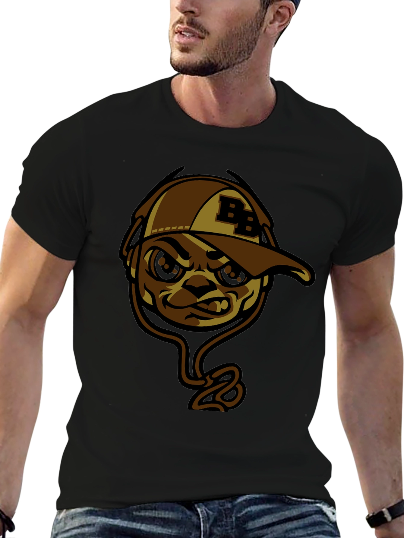 Cool BB Cap Cartoon Graphic Black T-Shirt