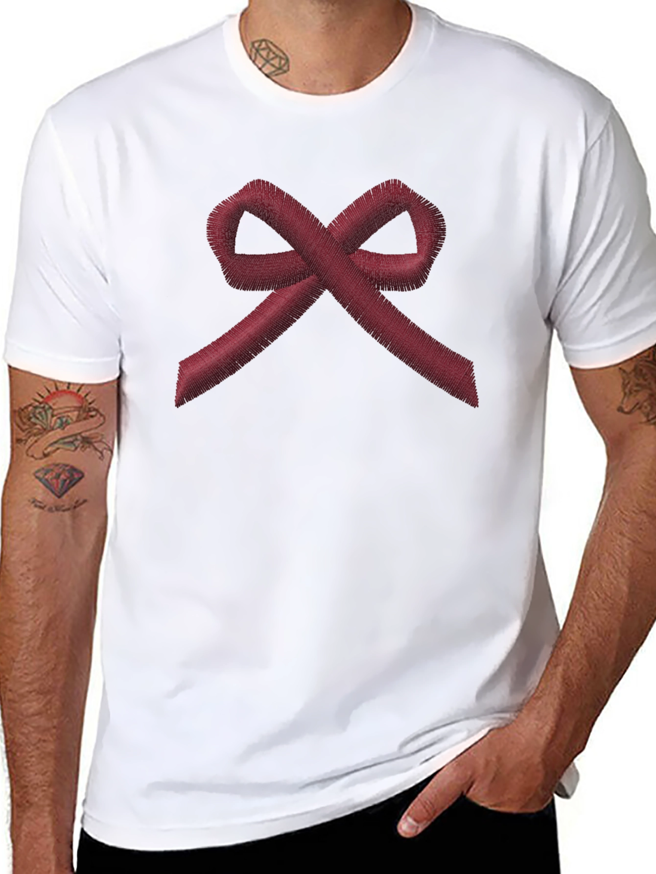 Red Ribbon Embroidered Black T-Shirt - Awareness Tee
