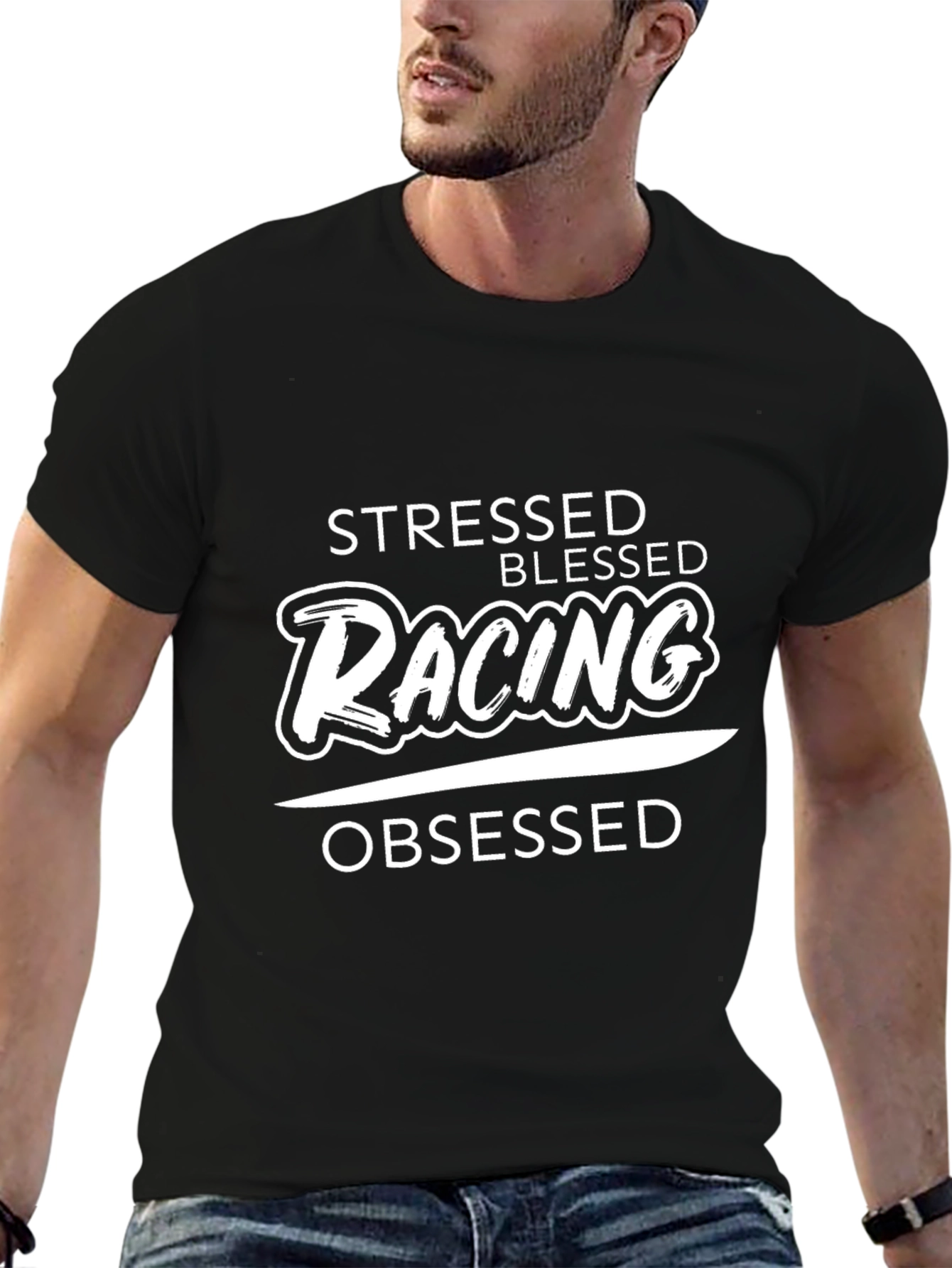 Stressed Blessed Racing Obsessed Black Tee Shirt