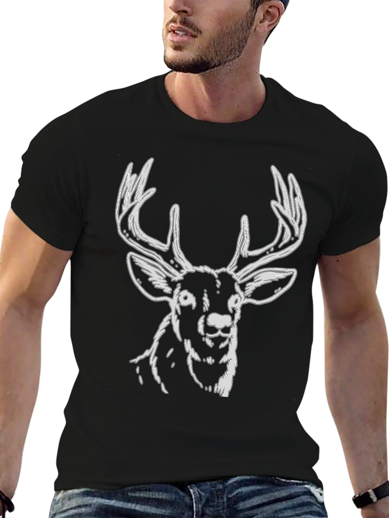Deer Graphic Tee - Black Cotton Casual Style