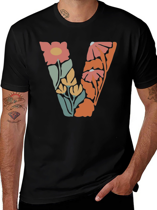 Floral Letter V Graphic Tee - Stylish & Unique