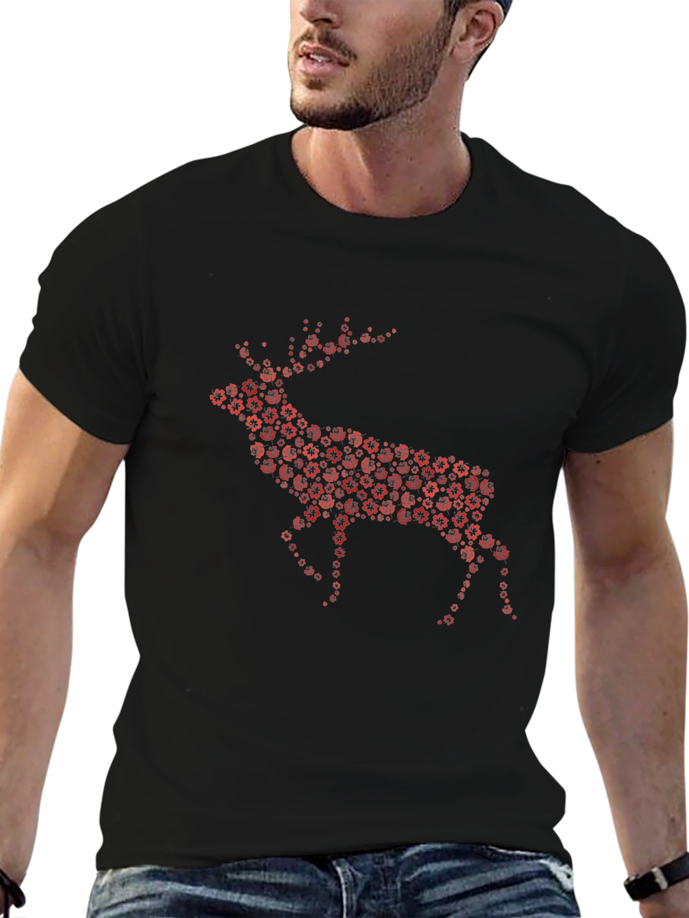 Floral Deer Graphic Tee - Black Cotton Blend