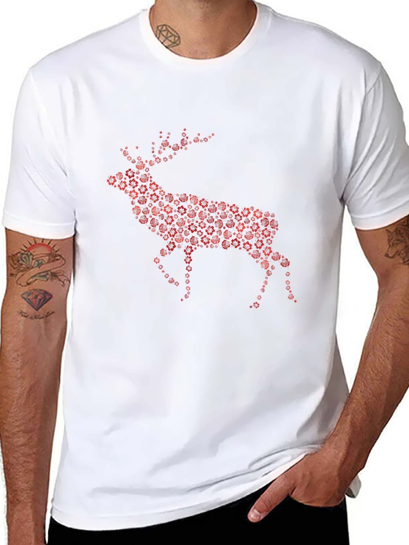 Floral Deer Graphic Tee - Black Cotton Blend