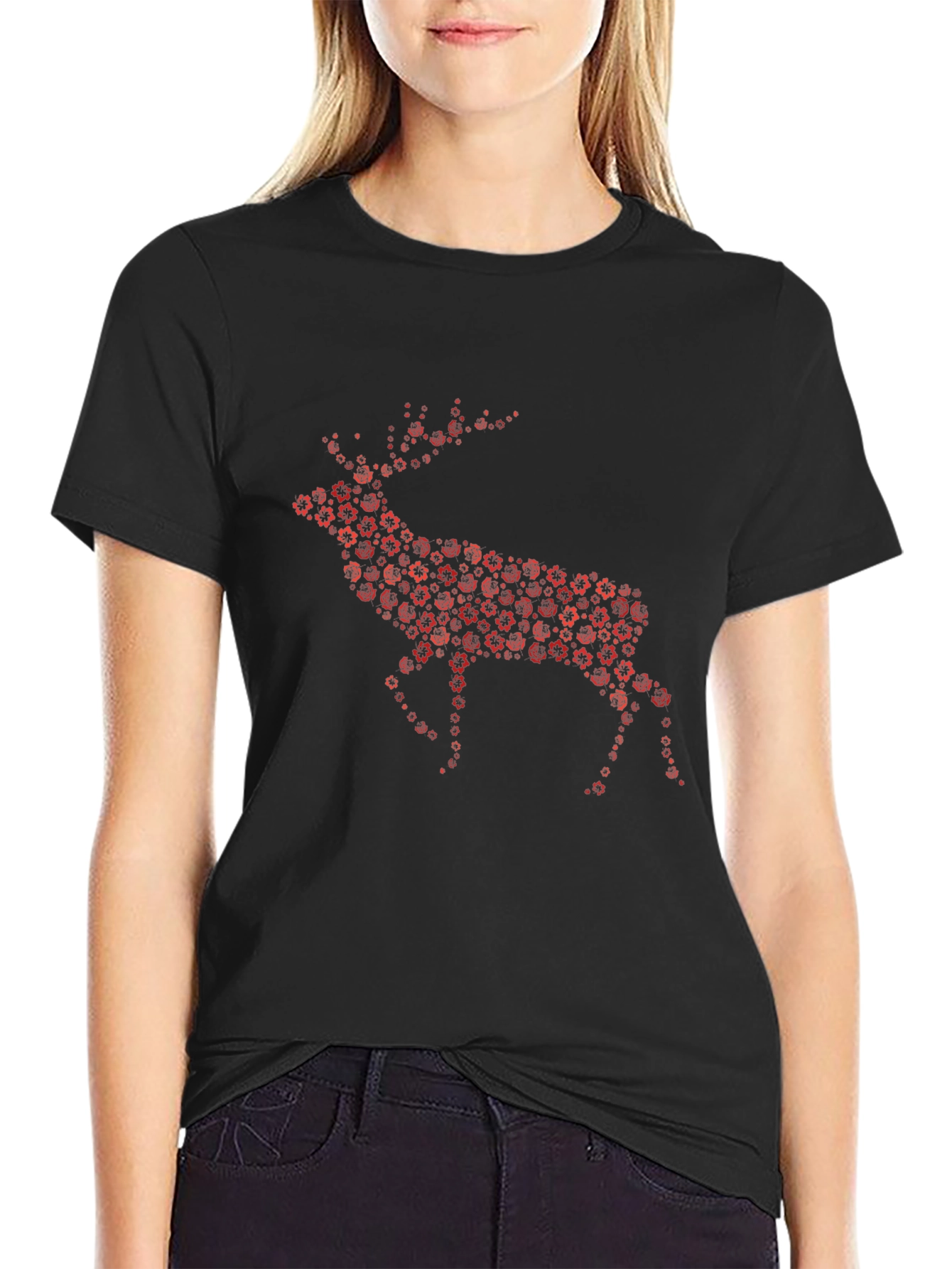 Floral Deer Graphic Tee - Black Cotton Blend