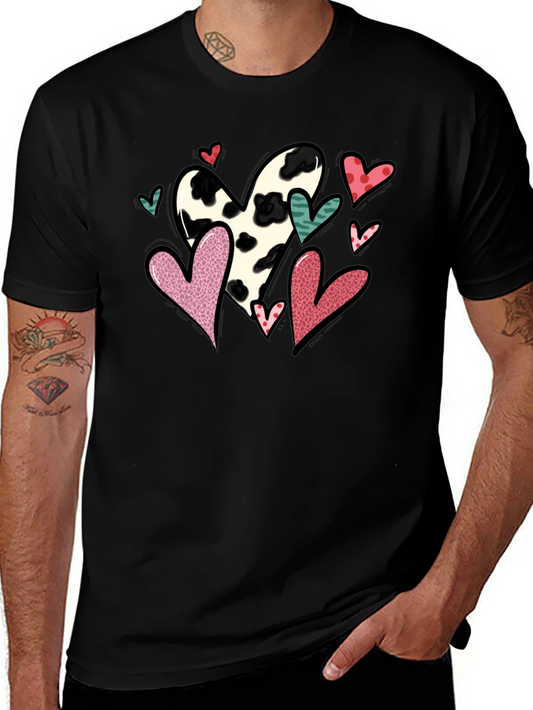 Black T-Shirt with Cow Print Heart Valentines Day Design