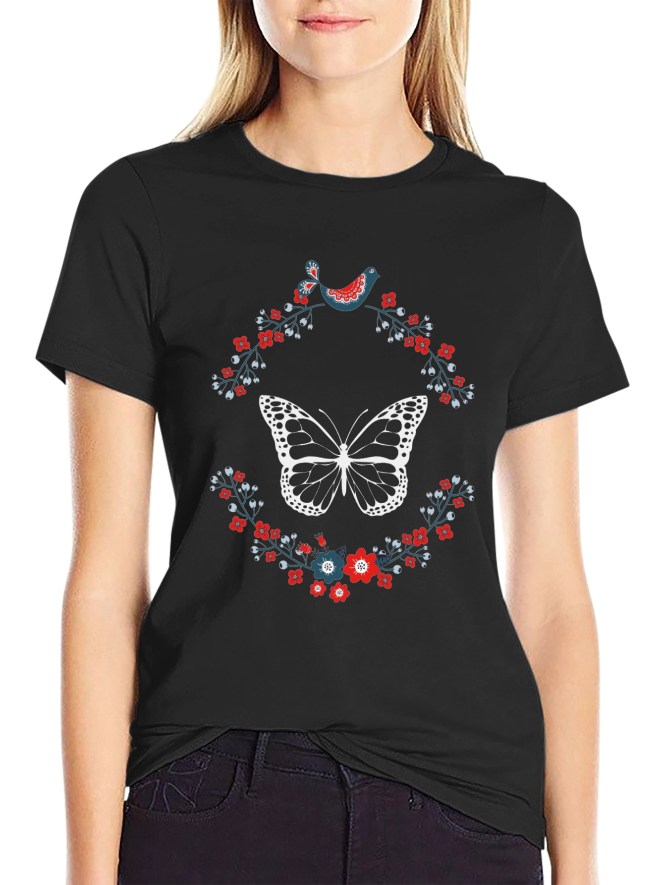 Butterfly & Floral Print T-Shirt