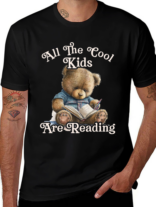 Cool Kids Reading Teddy Bear Black T-Shirt