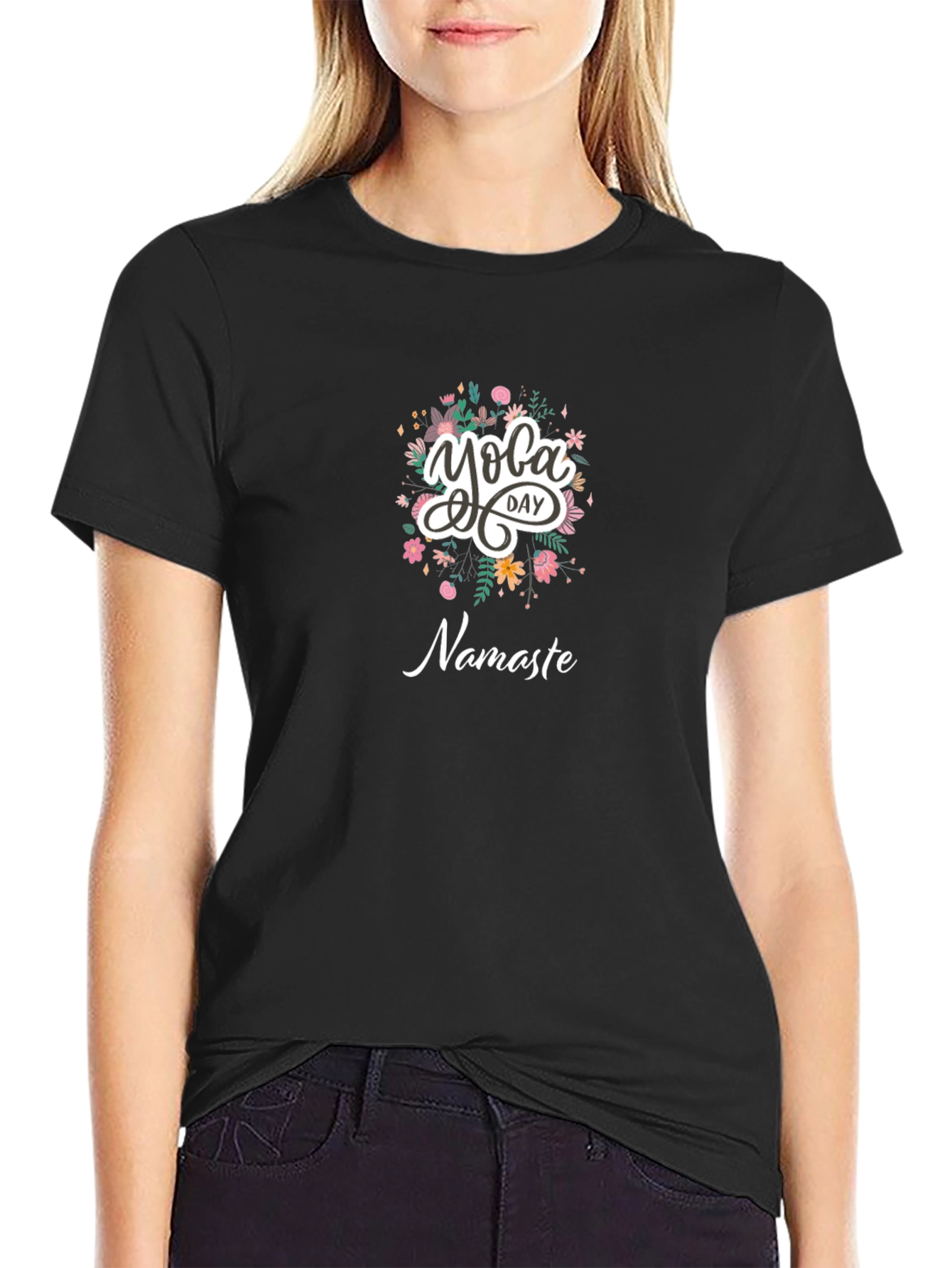 Yoga Day Namaste Graphic Tee - Black