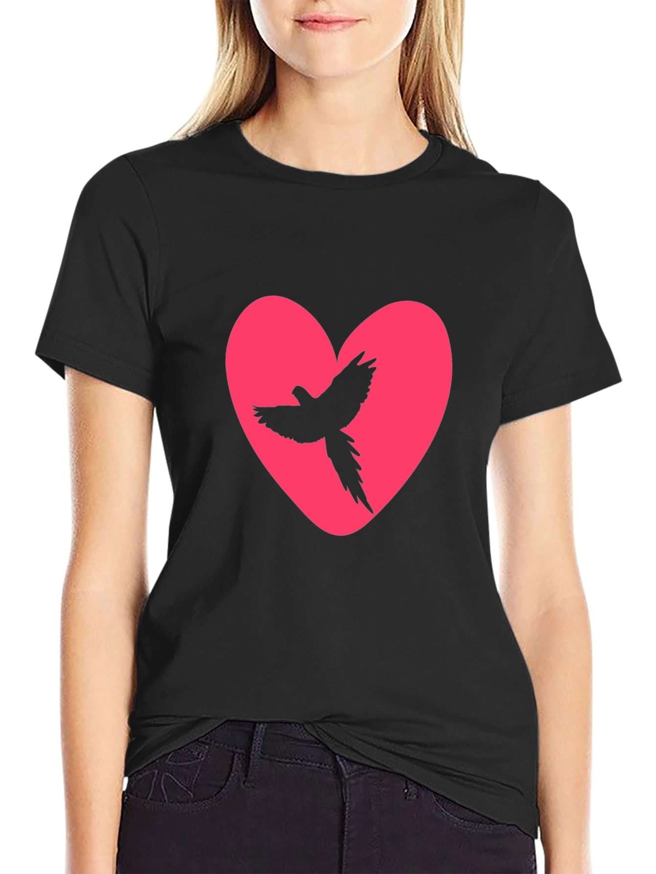 Heart Bird Tee - Black Cotton Graphic Print