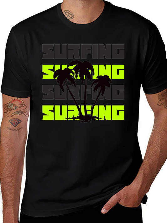 Surfing Palm Tree Graphic Black T-Shirt