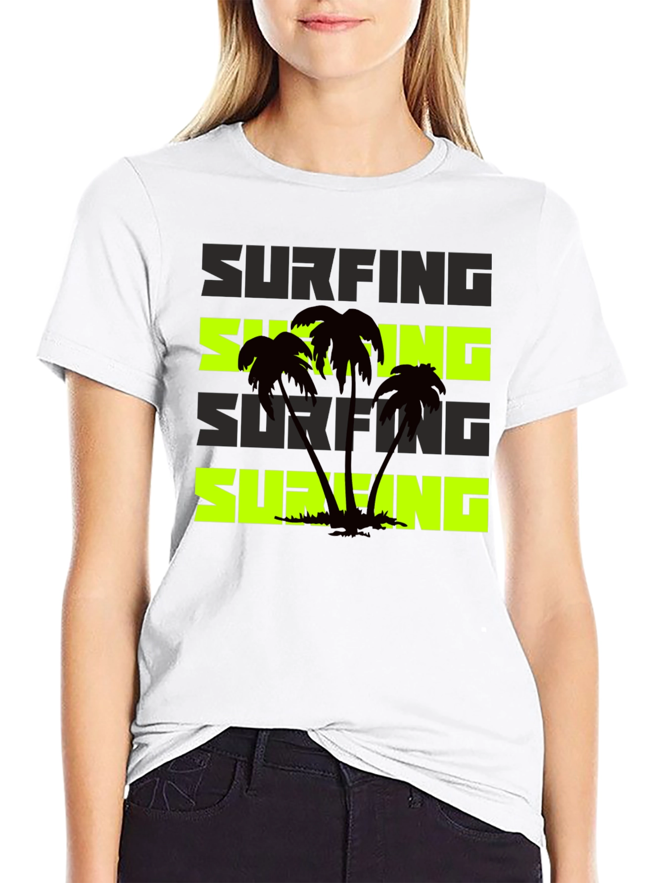 Surfing Palm Tree Graphic Black T-Shirt