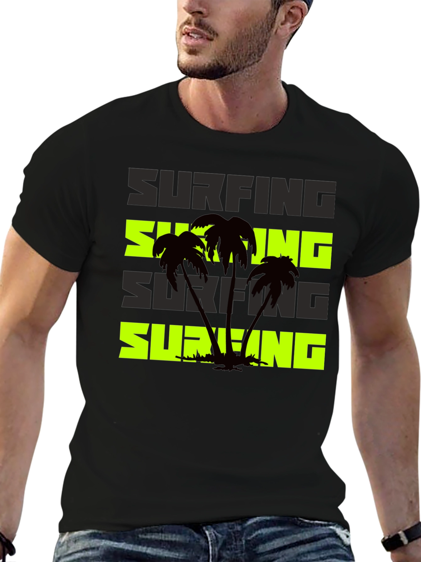 Surfing Palm Tree Graphic Black T-Shirt