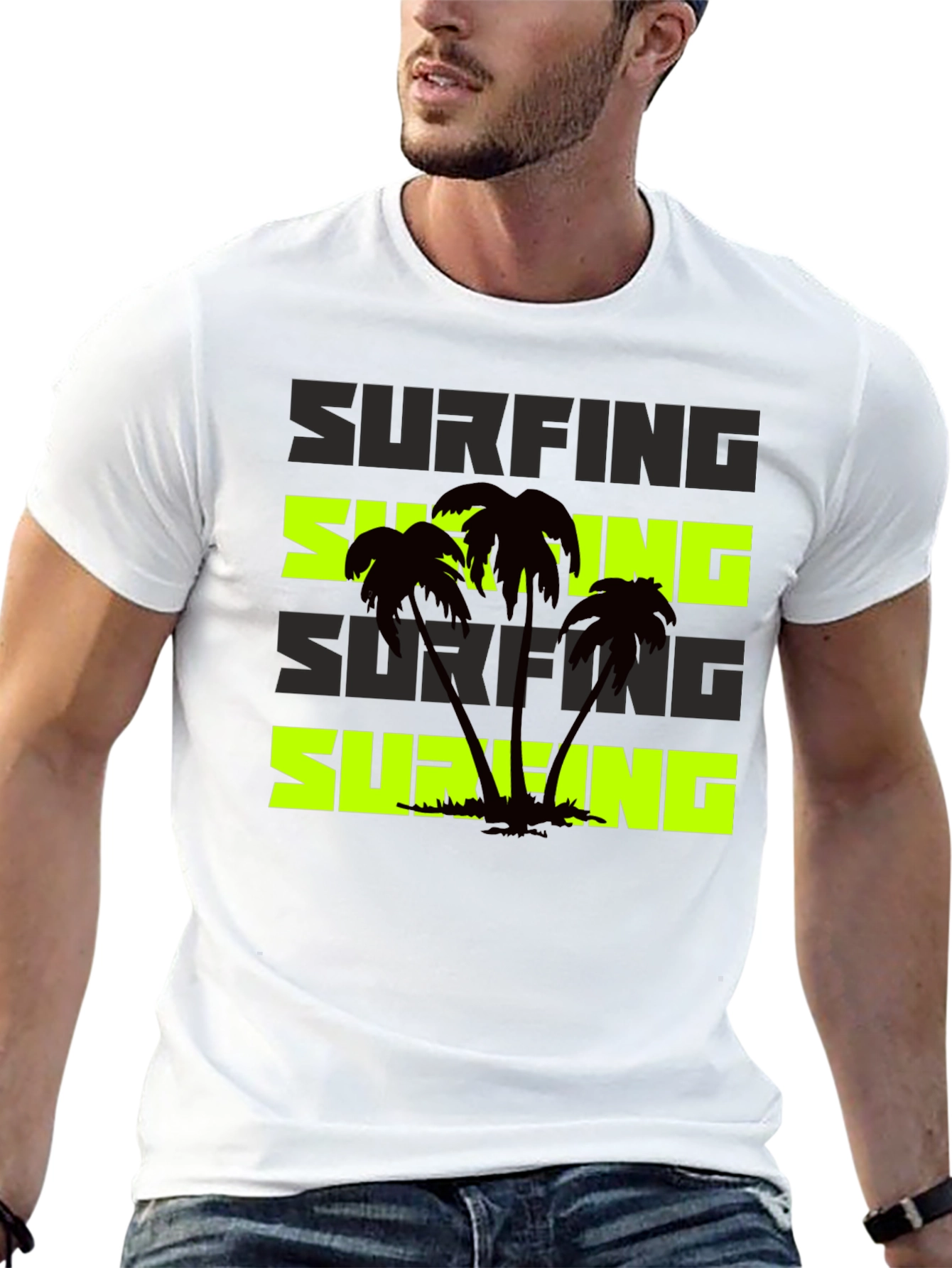 Surfing Palm Tree Graphic Black T-Shirt