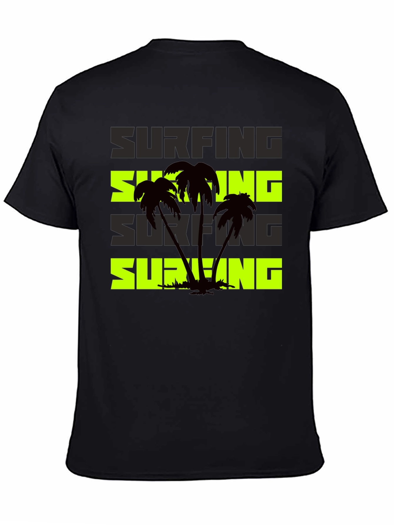 Surfing Palm Tree Graphic Black T-Shirt