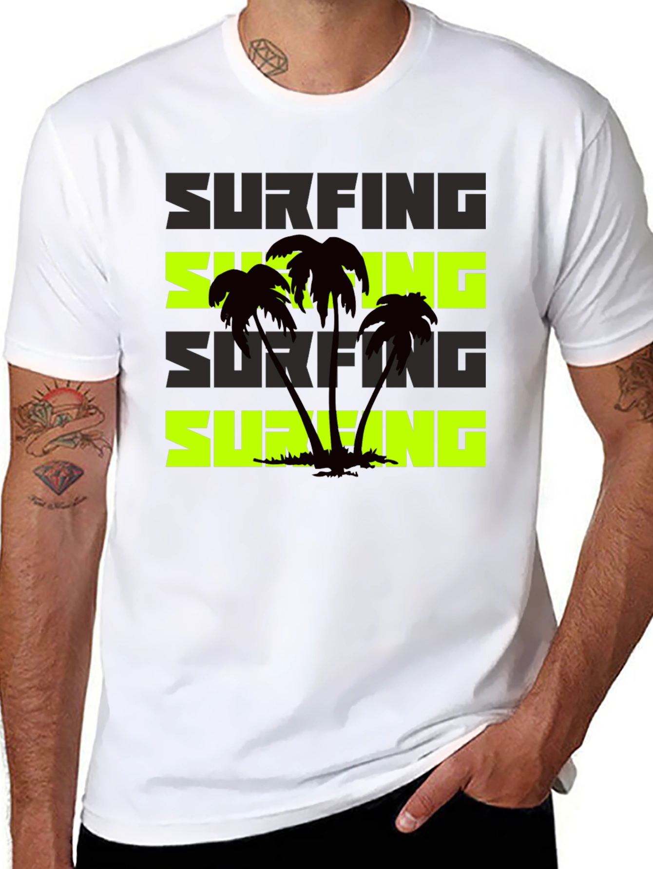 Surfing Palm Tree Graphic Black T-Shirt