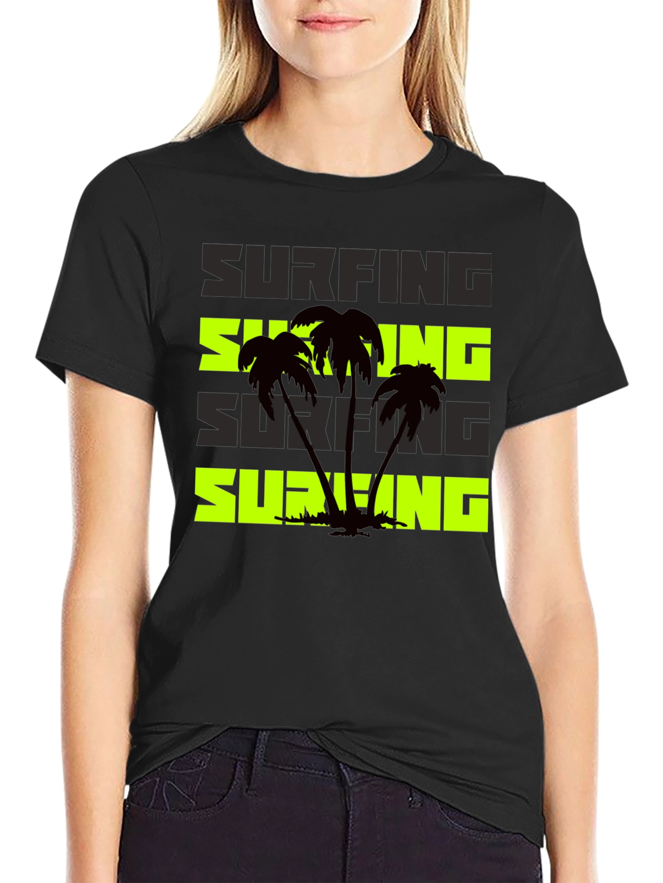 Surfing Palm Tree Graphic Black T-Shirt