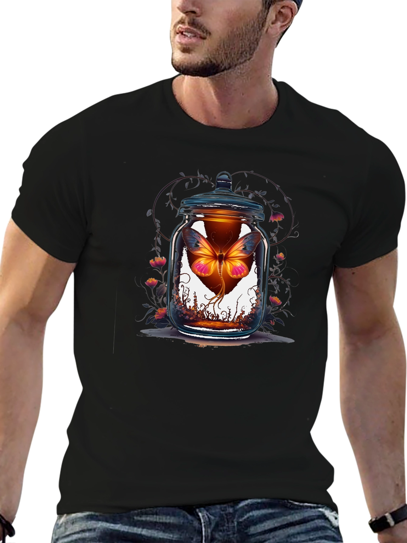 Butterfly in Jar Graphic Tee - Black Cotton T-Shirt