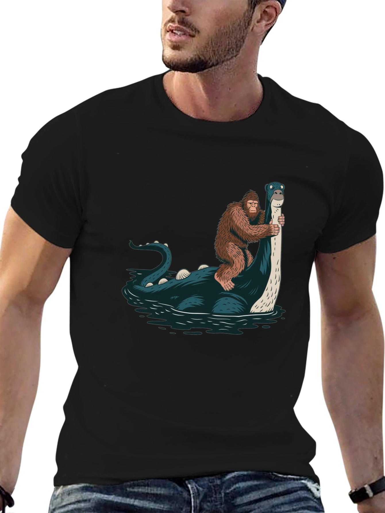 Bigfoot Riding Loch Ness Monster T-Shirt