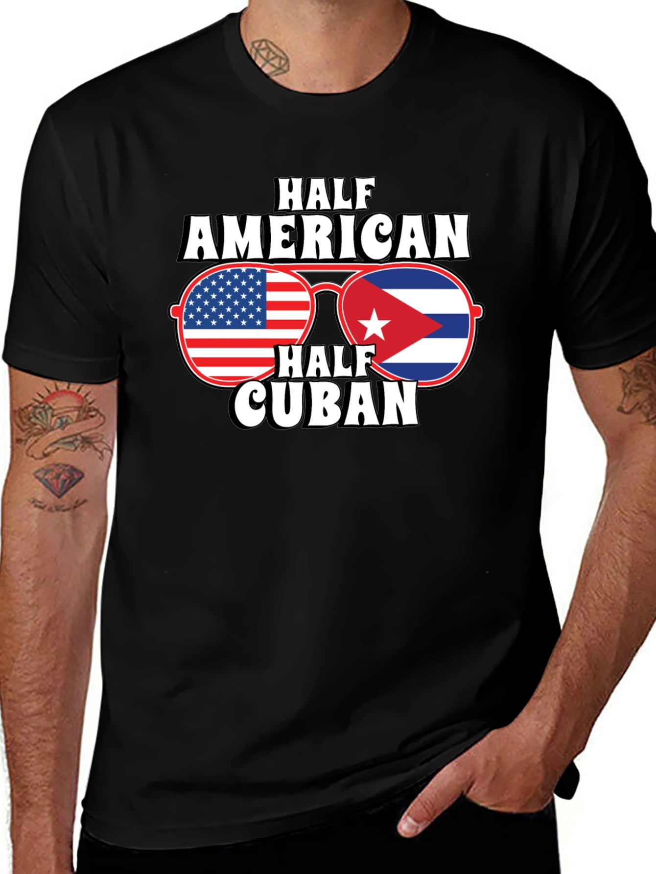 Half American Half Cuban Flag Sunglasses Graphic T-Shirt