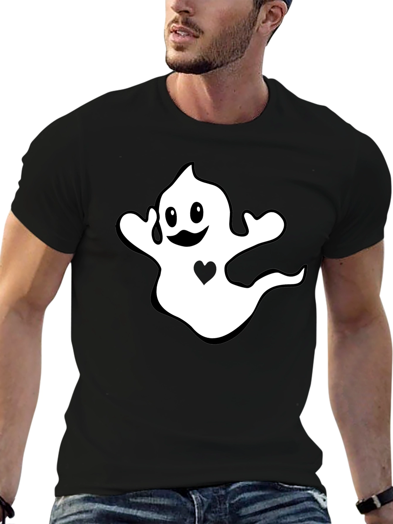 Halloween Ghost Heart Graphic Black T-Shirt